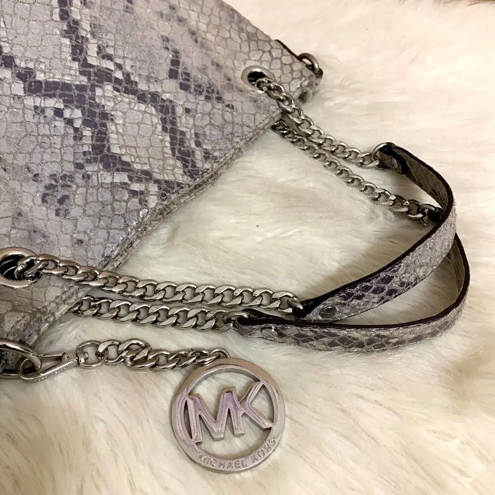MICHAEL KORS JET SET Gray Python Leather North South Convertible Chain Hobo